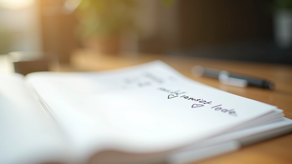 Notizbuch mit Häkchen und motivierenden Notizen auf Schreibtisch, Tageslichteinstrahlung von der Seite