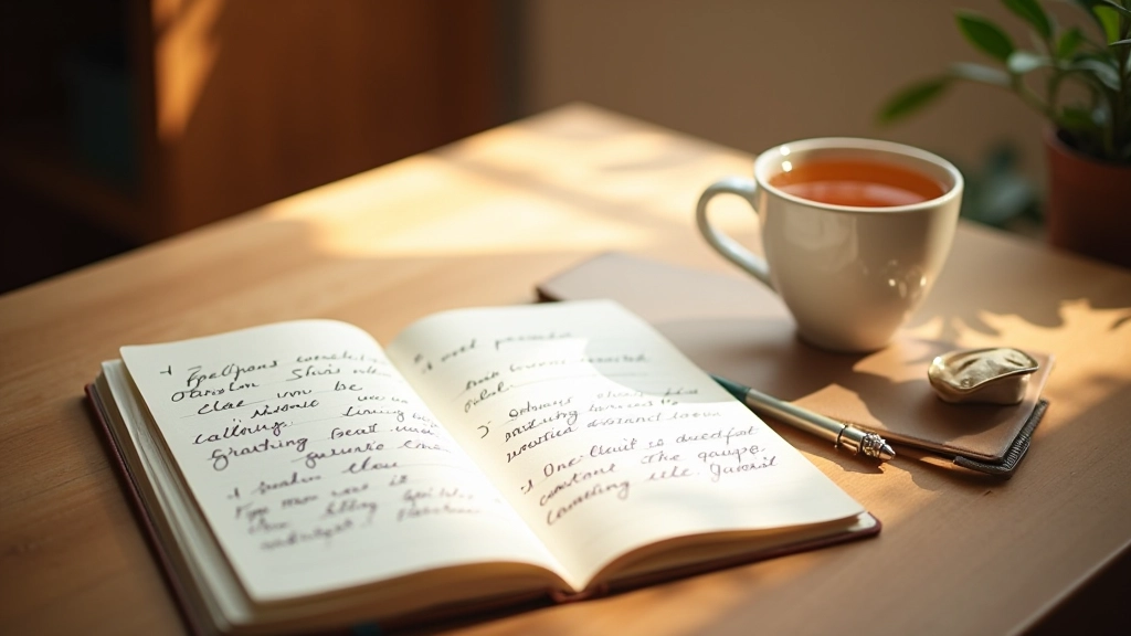 Tagebuch liegt offen neben einer Tasse Tee auf einem Holztisch, gemütliches Ambiente