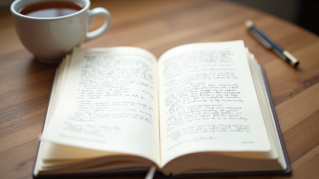 Offenes Tagebuch mit handschriftlichen Notizen und motivierenden Worten, natürliches Licht von oben