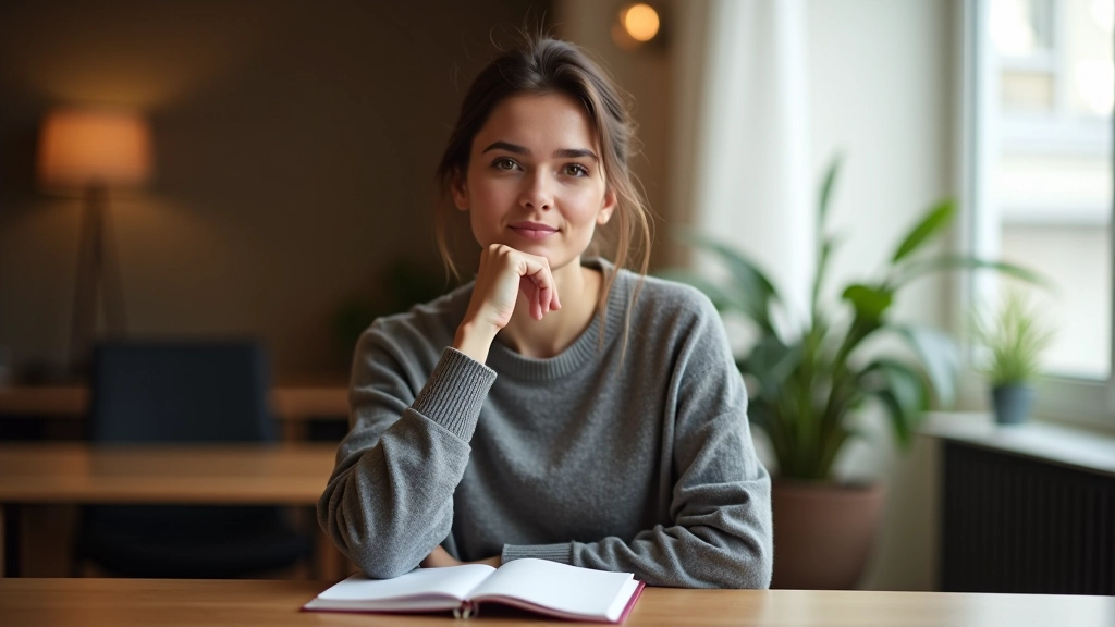 Person sitzt nachdenklich an einem Tisch mit Notizbuch, warmes Licht von links, fokussierter Gesichtsausdruck
