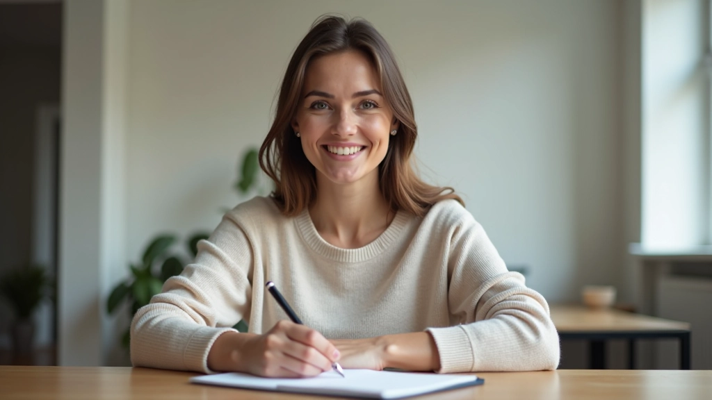 Person mit Stift in der Hand, schreibt Ziele auf, selbstbewusstes Lächeln, natürliches Tageslicht durch Fenster
