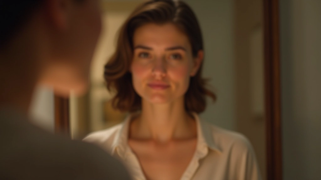 Spiegelbild einer Person, die selbstbewusst nach vorne schaut, warme Beleuchtung, inspirierende Atmosphäre