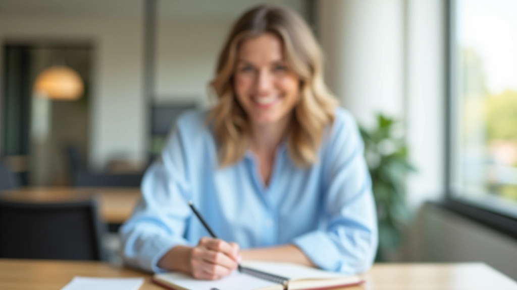 Person sitzt selbstbewusst am Tisch und schreibt Notizen auf, natürliches Licht, modernes Büro